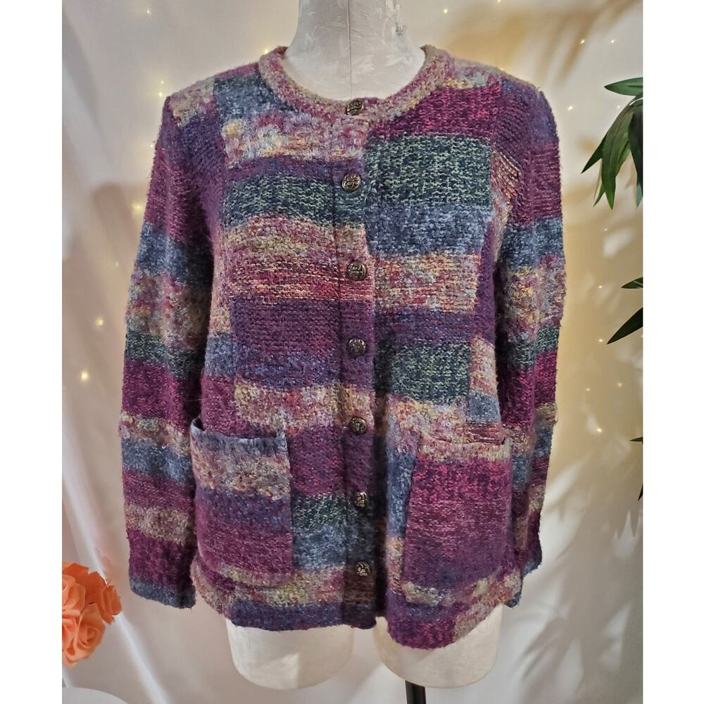 Vtg Koret Womens Wool Mohair Patchwork Button Cardigan Sweater Size M Pockets